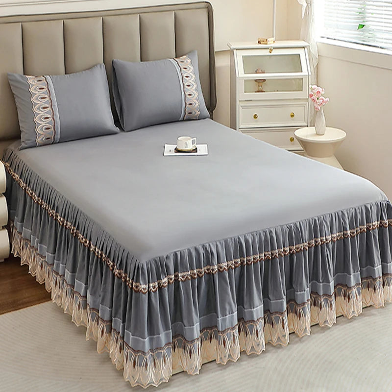 Elegant Solid Color Lace Bed Skirt Set