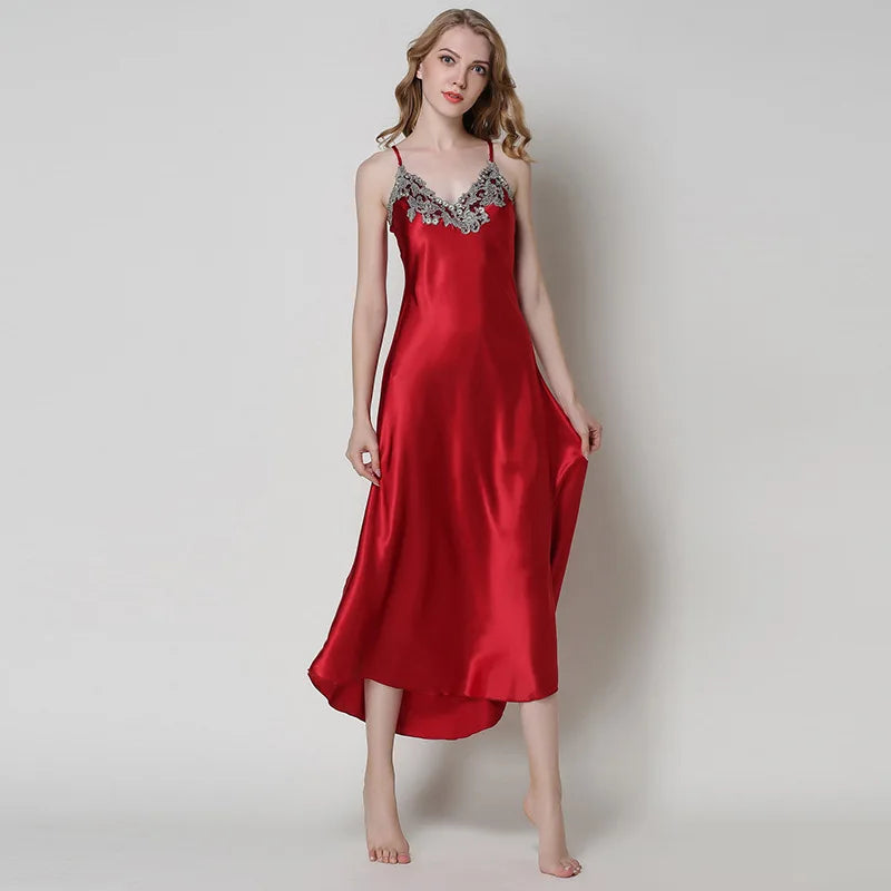 Women's Long Satin Nightgown.  Lace Trim Sleeveless Maxi Sleepwear