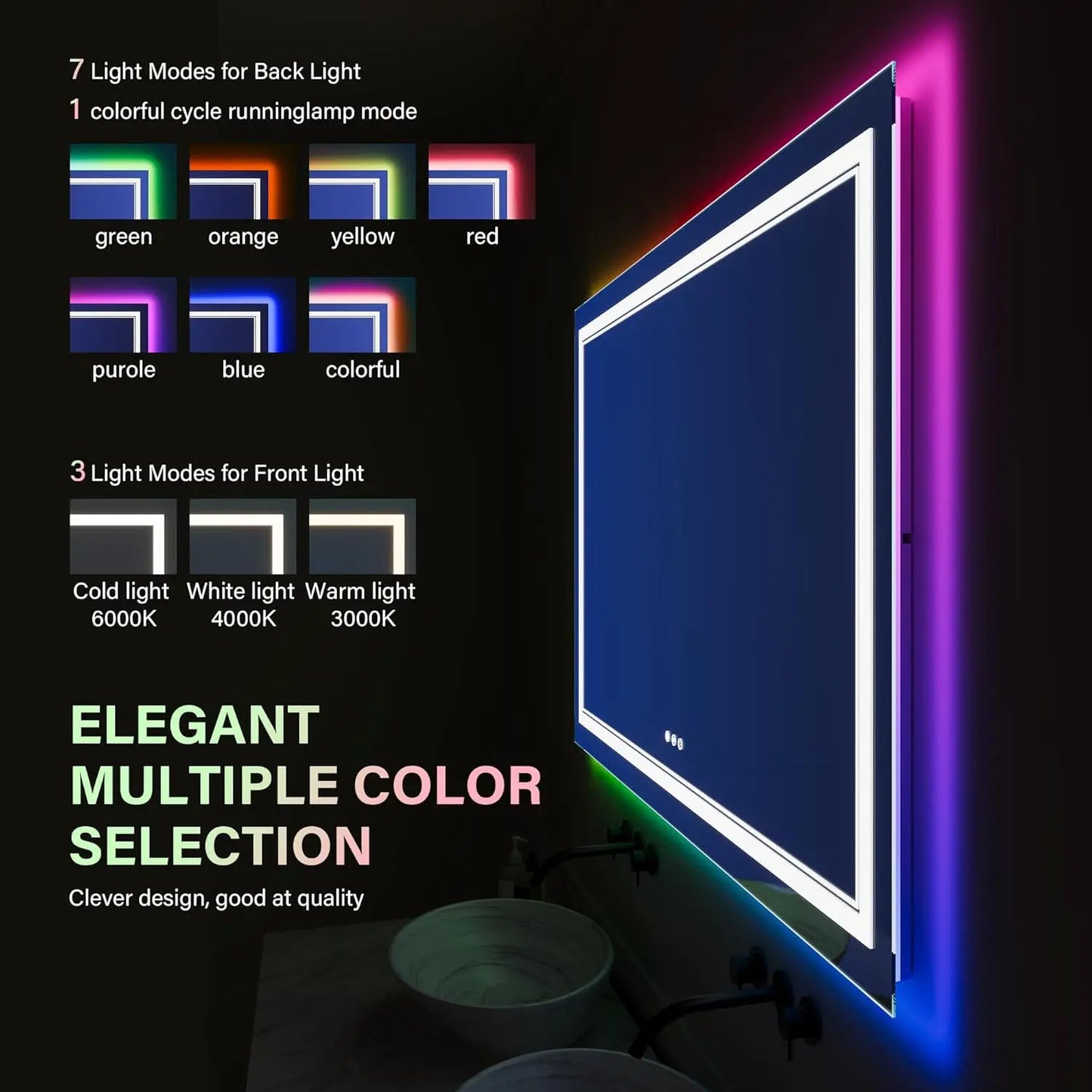 Led Bathroom Mirror With Rgb Function Double Lights, Anti-Fog Wall Bathroom Mirror Vanity Mirror With Memory Function