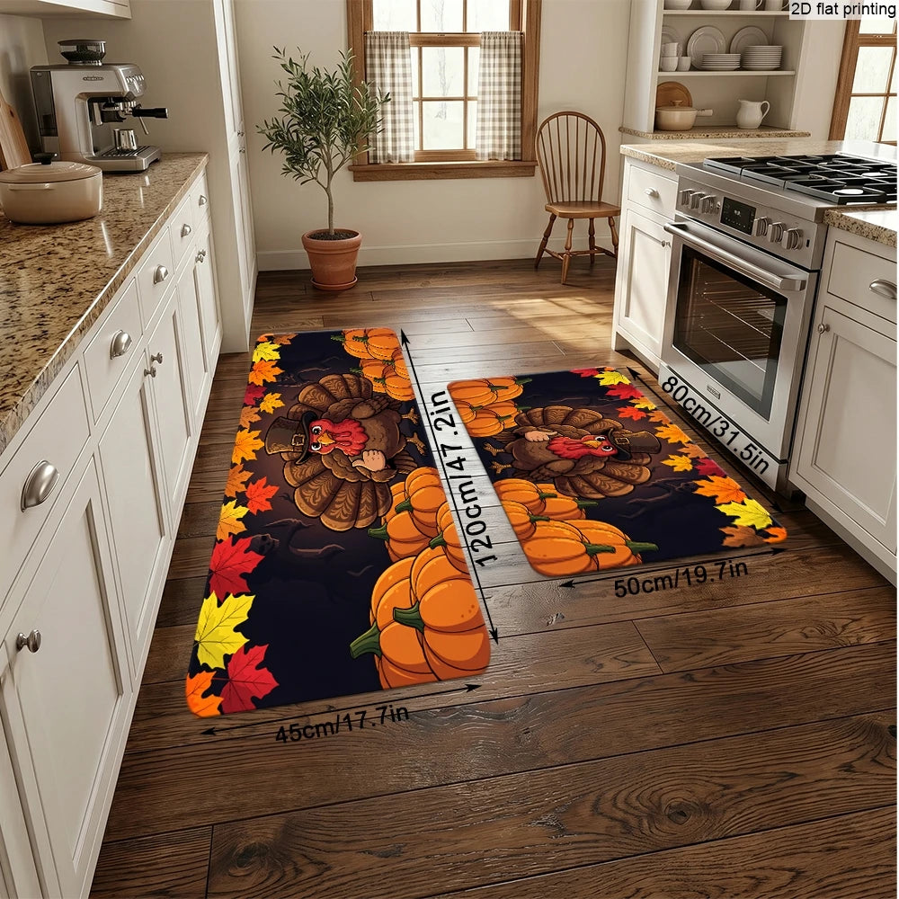 Thanksgiving Kitchen Runner Rug. Pumpkin, Turkey & Fall Leaves Non-Slip Floor Runner for Autumn Harvest Home Décor