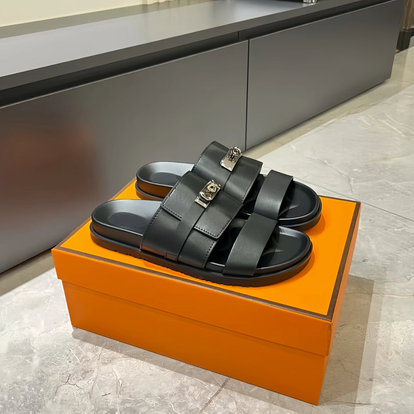 Luxury Women’s Leather Buckle Slide Sandals