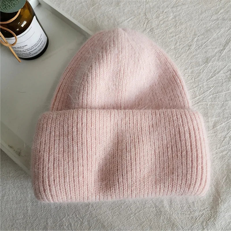 Warm Cashmere Wool Beanie For Women Rabbit Fur Threefold Cap