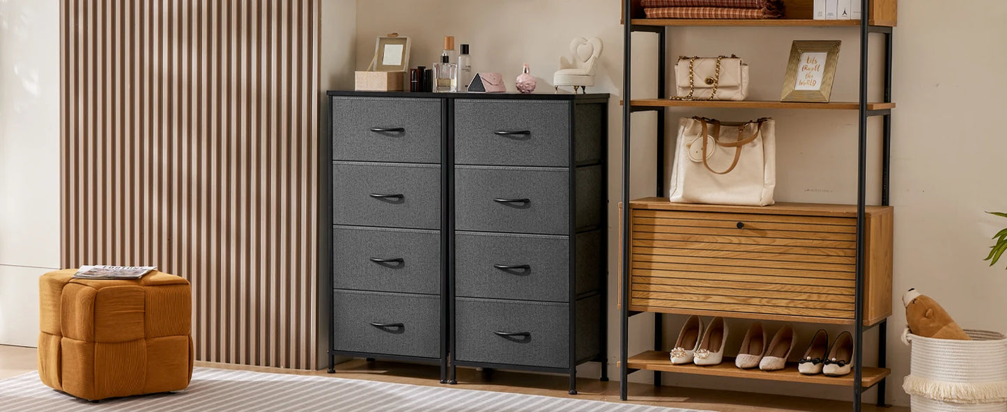 JHK Dresser For Bedroom With 4 Fabric Drawers Nightstand Wardrobe Steel Frame Closet For Clothes Storage Cabinet Of Furniture