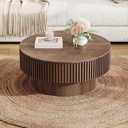 Round Coffee Table, Modern Black Side Table End Table for Living Room, Wood Circle Drum Coffee Table with Handcrafted Relief,