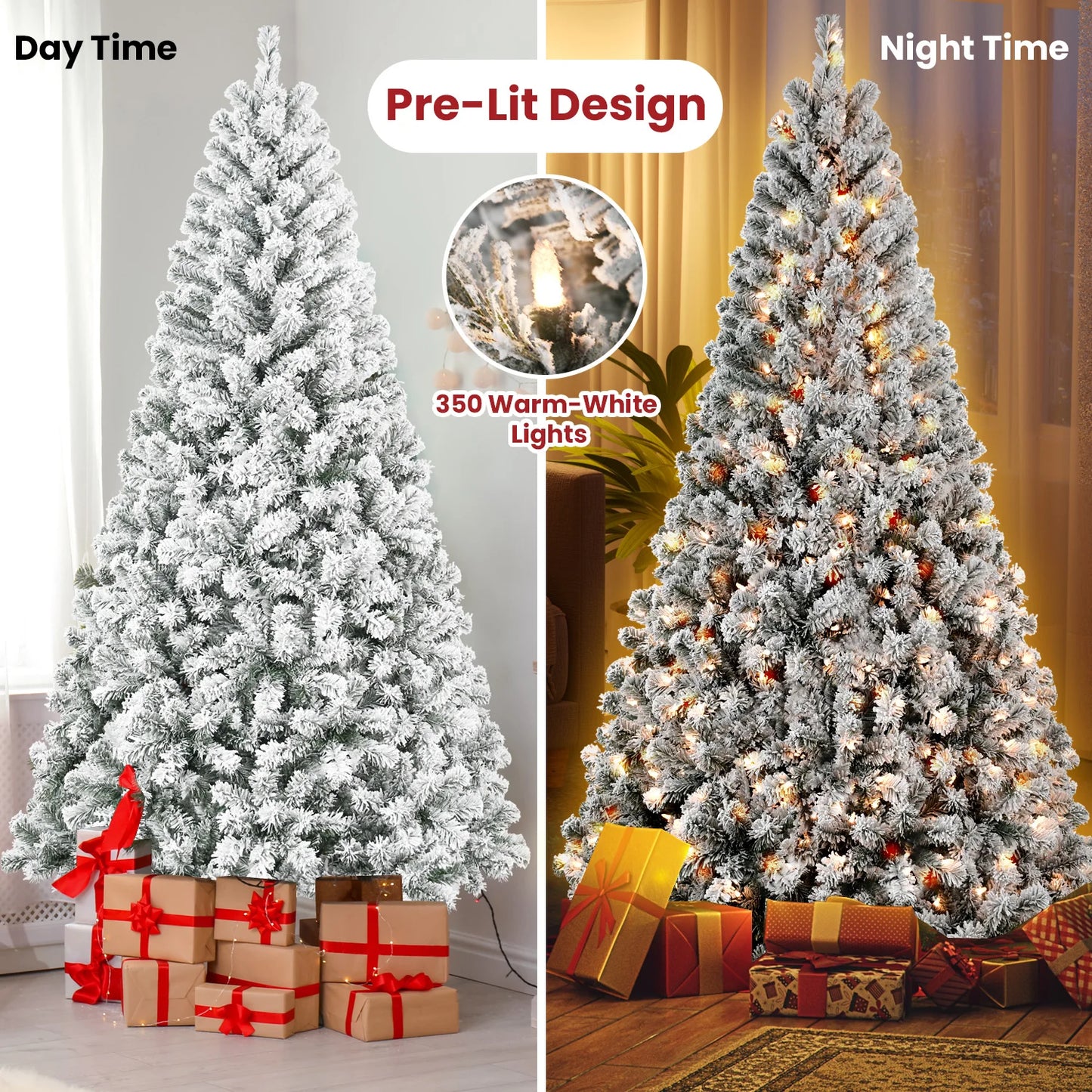 7FT Snow Flocked Artificial Christmas Tree . Full Holiday Tree with Realistic Branches & Sturdy Metal Stand