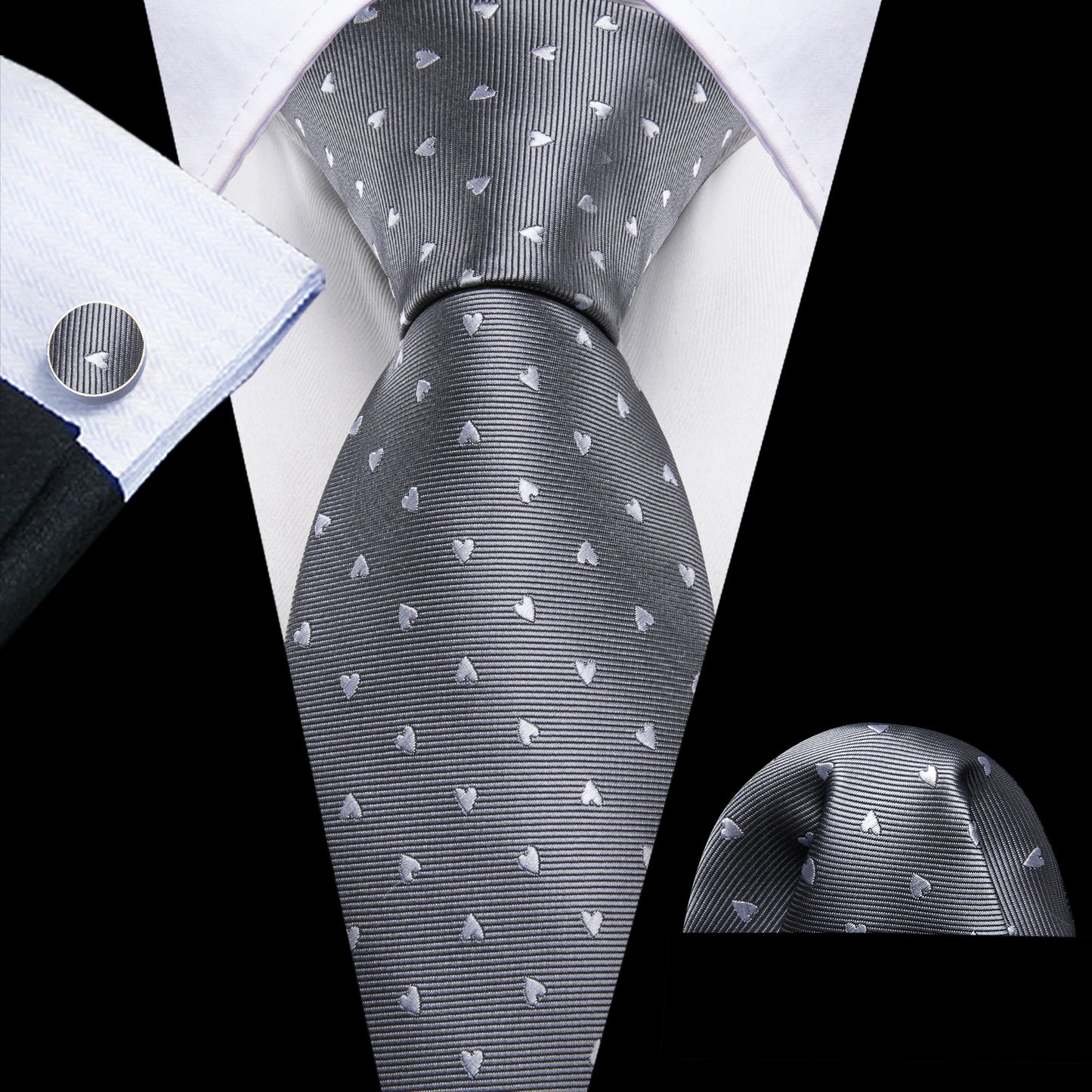 Men’s Luxury Dinosaur Necktie Set . Navy Blue Silk Tie, Pocket Square & Cufflinks for Business, Weddings & Special Events