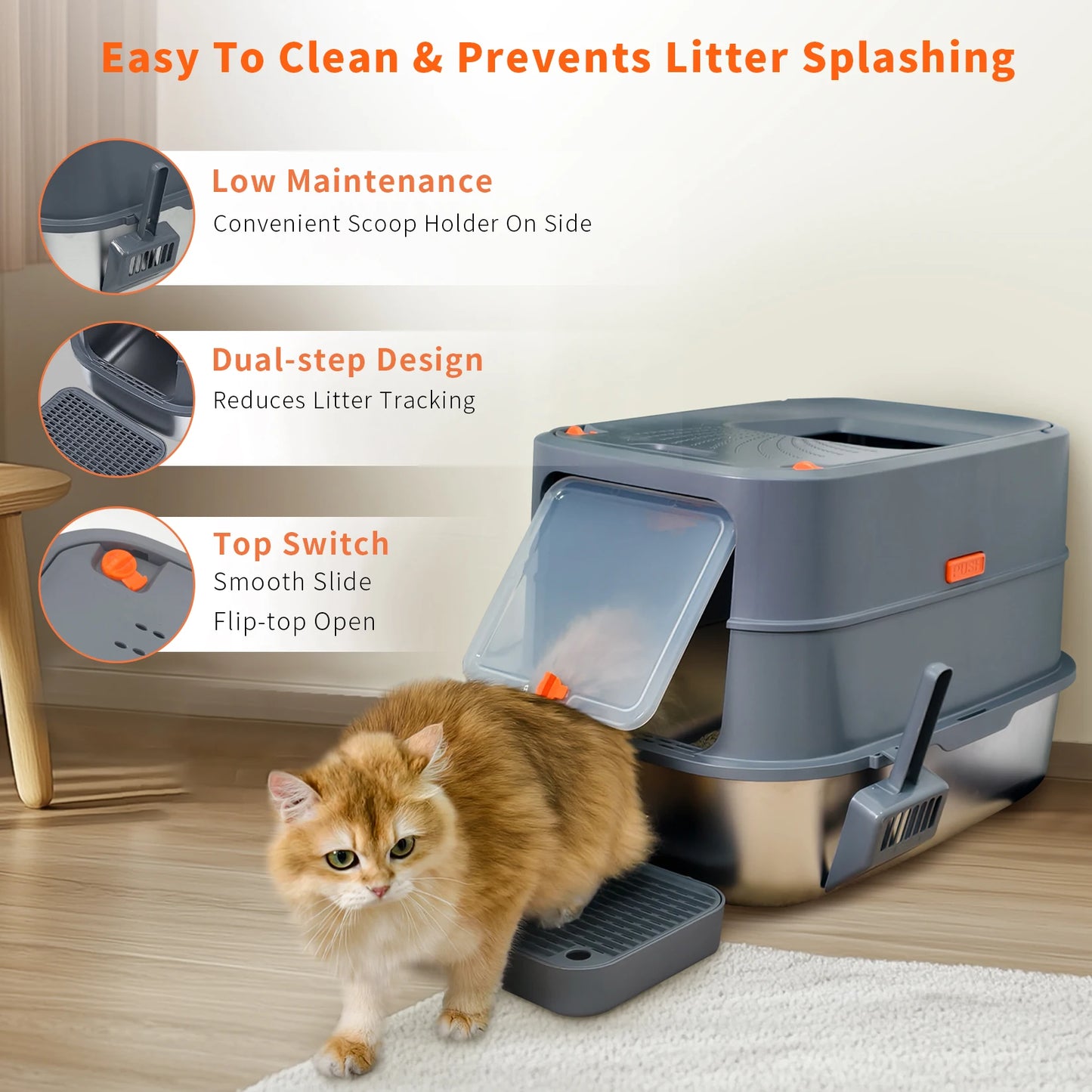 Extra Large Stainless Steel Cat Litter Box Full Enclosed Cat Litter Tray Pan High Sided Enclosure Removable Lid with Scoop