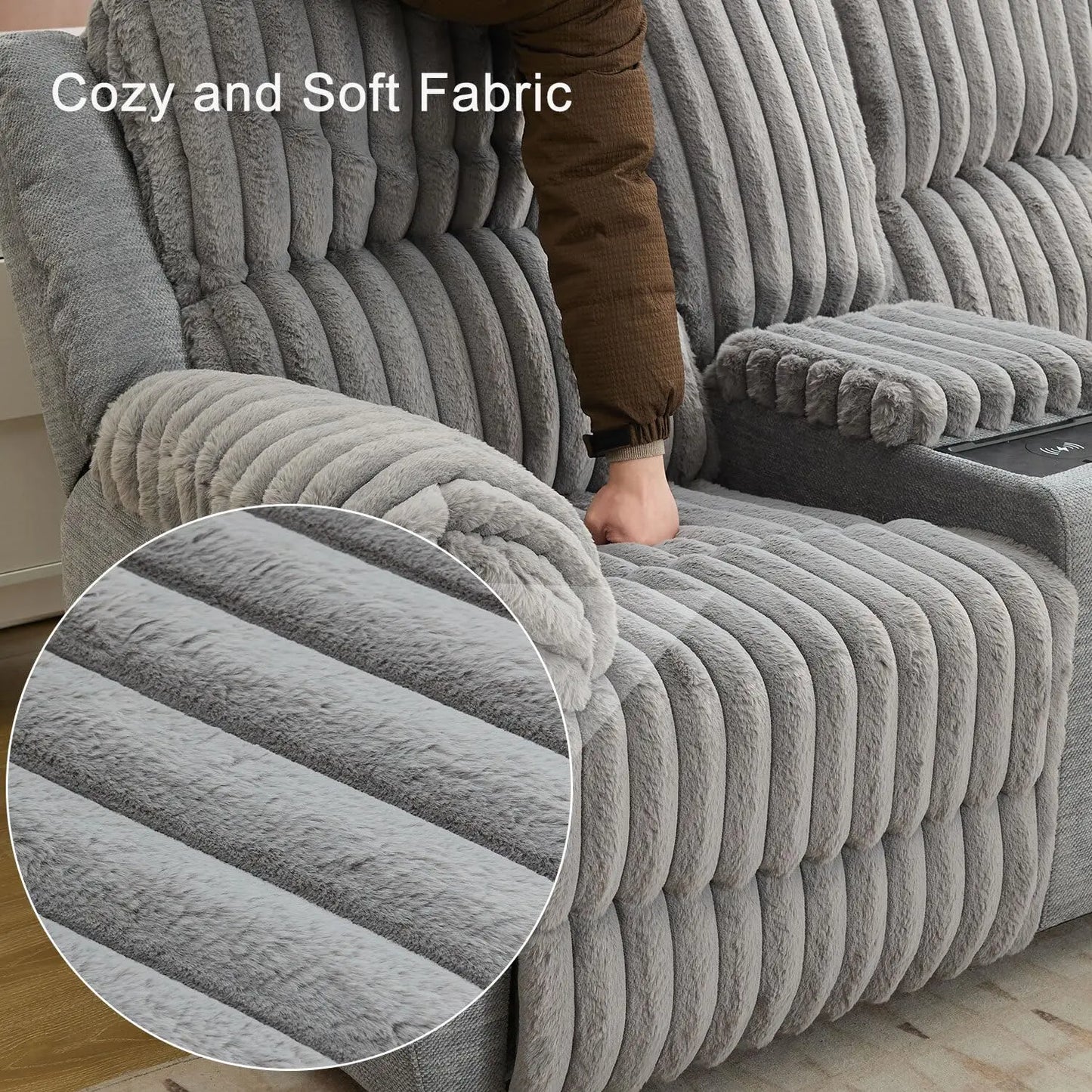 Power Reclining L-Shaped Fuzzy Rabbit Plush 5-Seater Sectional Sofa Set with Wireless Charger, USB Type-C Port & Storage Console