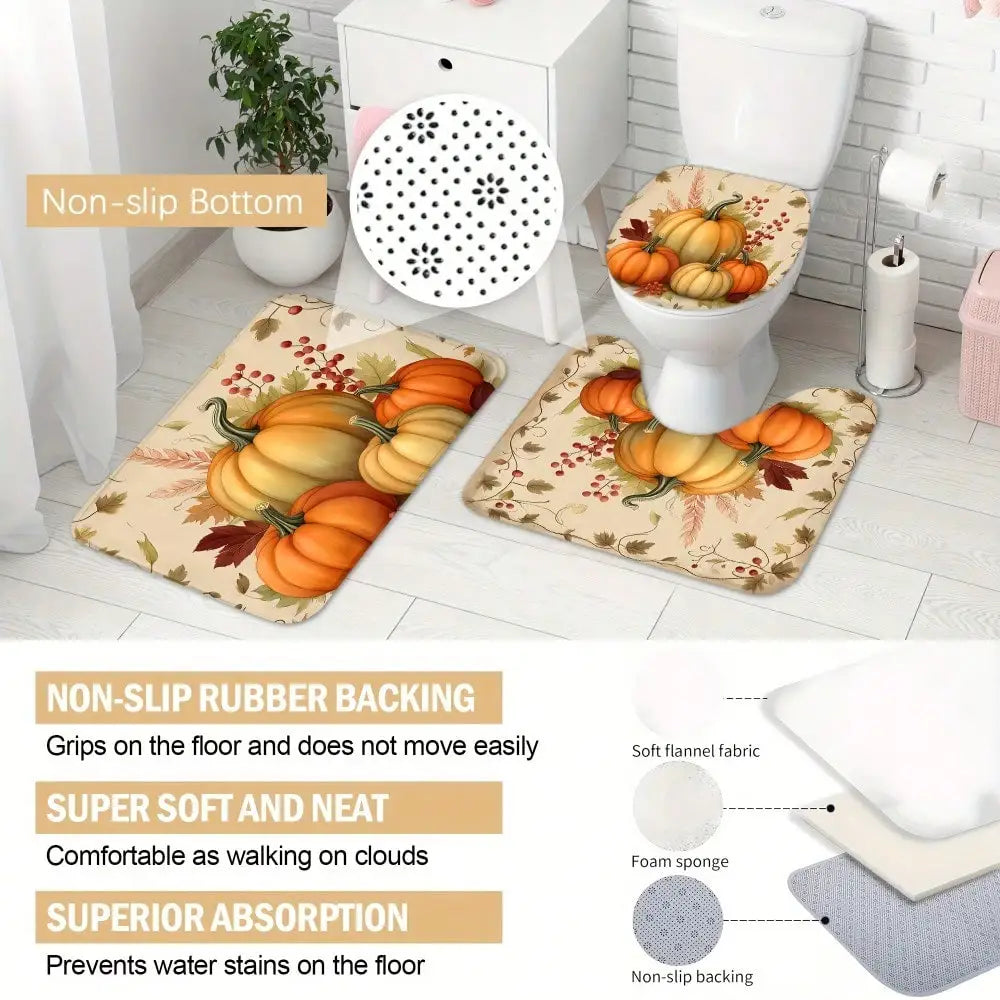 4-Piece Fall Pumpkin Shower Curtain Set – Thanksgiving Bathroom Décor with Bath Mat, Toilet Lid Cover & Rug
