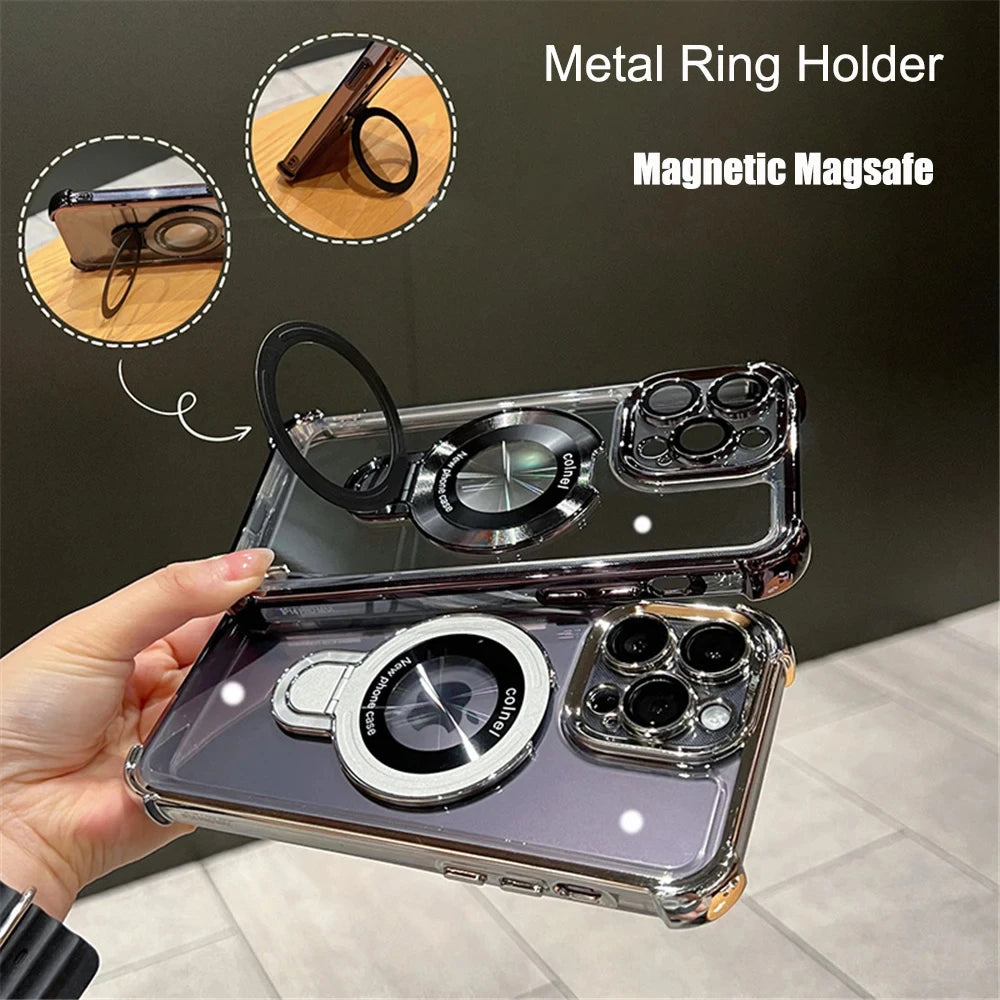 Magnetic Ring Holder Phone Case.  Shockproof Clear Cover with MagSafe Stand Grip
