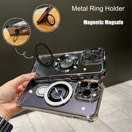 Magnetic Ring Holder Phone Case.  Shockproof Clear Cover with MagSafe Stand Grip