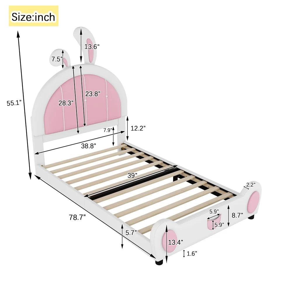 Upholstered Twin Platform Bed with Bunny Headboard Low Profile Kids Bed Easy Assembly Solid Wood Fun Design