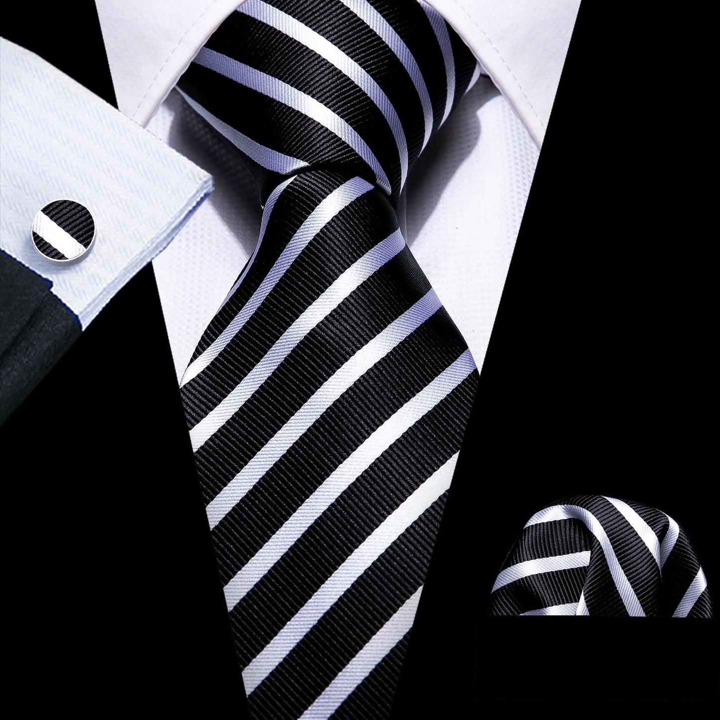 Men’s Luxury Red Striped Necktie Set. Silk Tie, Pocket Square & Cufflinks for Business, Wedding & Formal Wear