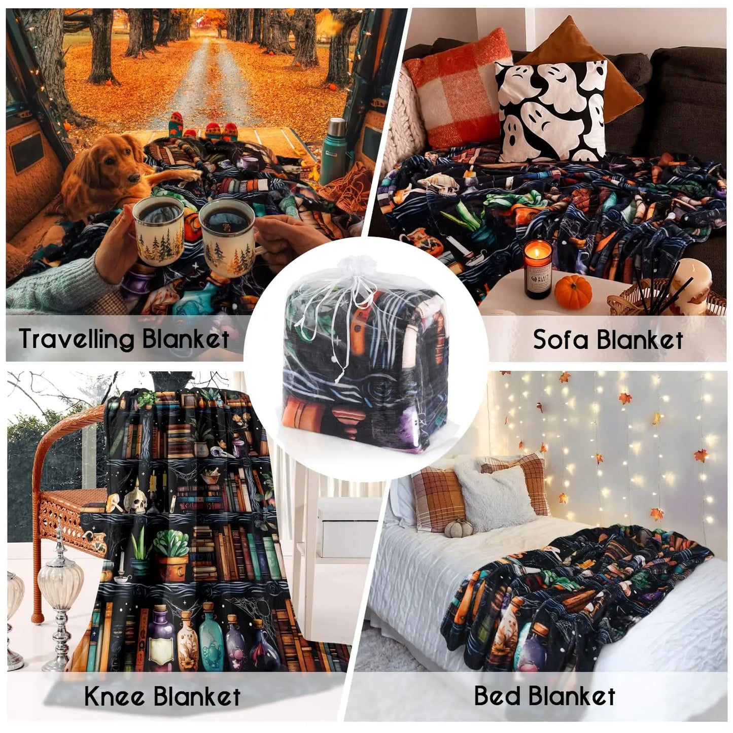 Mystic Book Lover Flannel Throw Blanket. Cozy Halloween Bookshelf, Black Cat & Potion Design