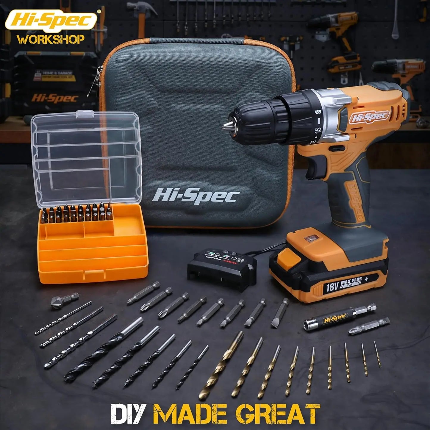 Hi-Spec 58pc 18V Cordless Power Drill Driver, Bit Set & Case.