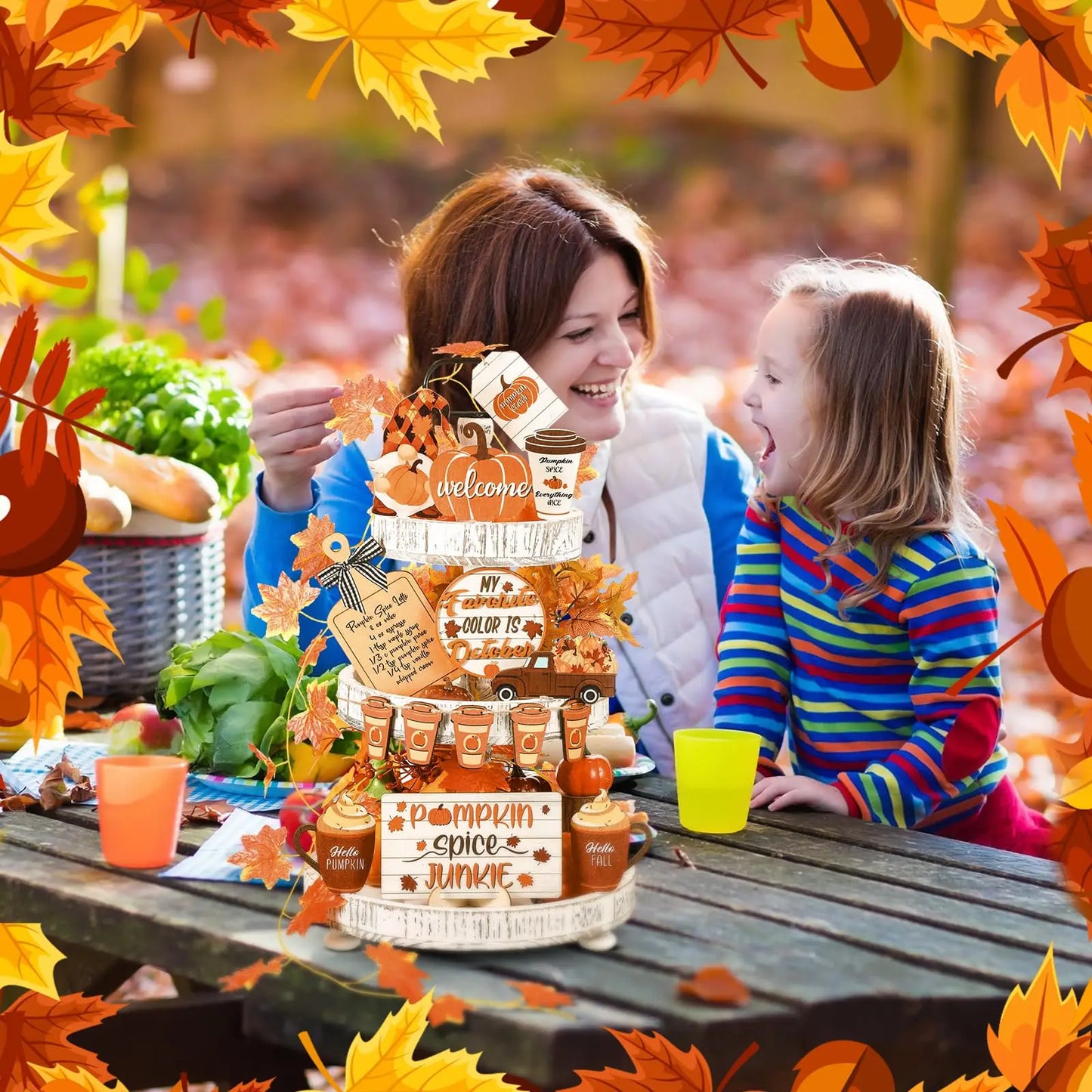 15 Pcs Fall Tiered Tray Decor Set Fall Thanksgiving Pumpkin Table Decor Drinking Coffee Rustic Farmhouse Coffe Truck Spice Block Autumn Wooden Tabletop Sign for Thanksgiving Day Home Office