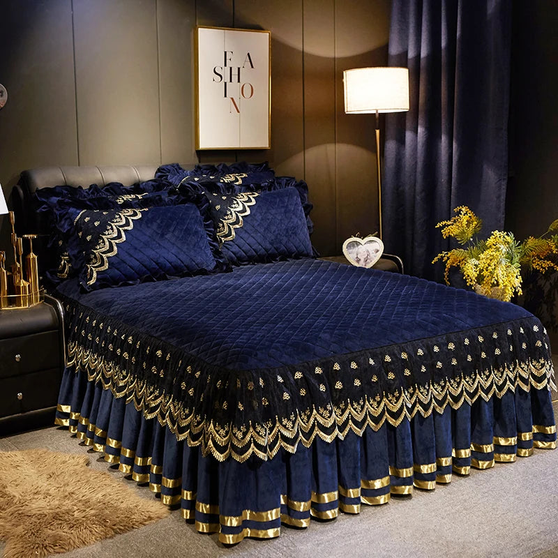Luxury Dark Blue Quilted Lace Bedspread Set