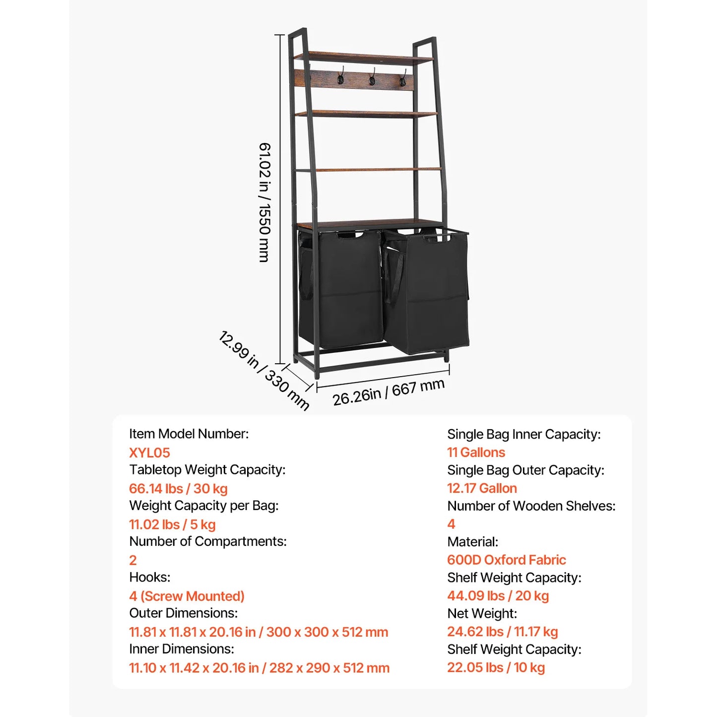3-Section Laundry Sorter with Storage Shelf. Rolling Laundry Organizer