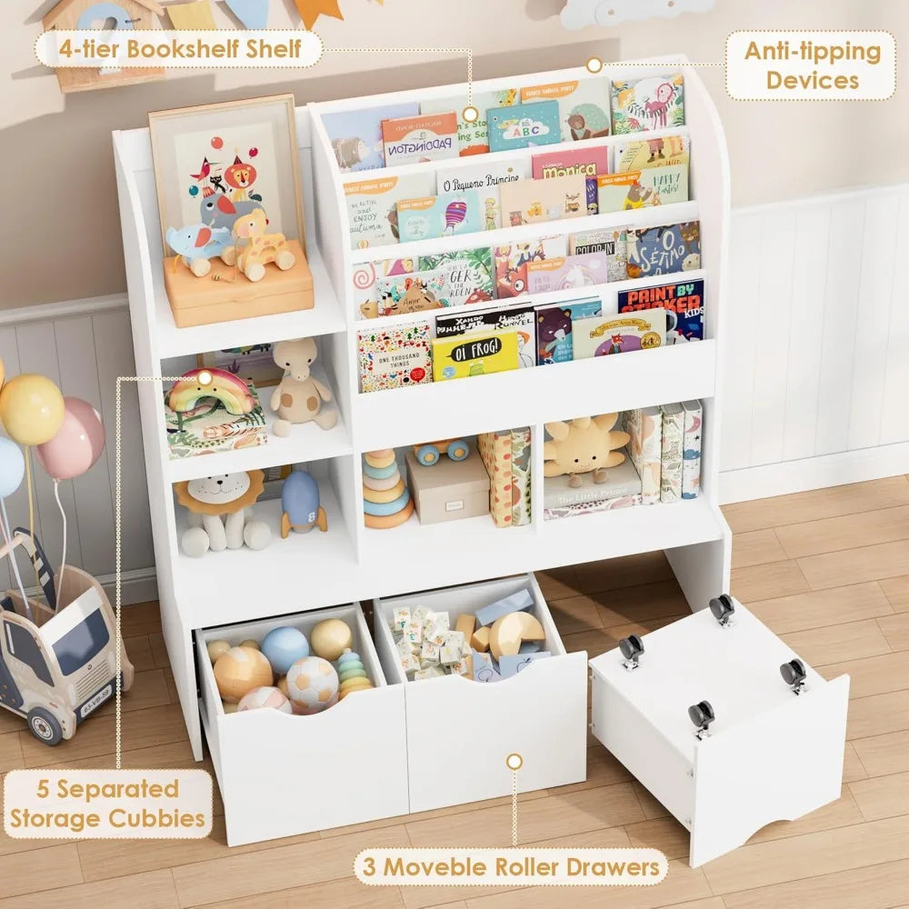 47'' Kids Bookcase and Bookshelf, Multifunctional Bookcase with 5 Storage Cubbies and 3 Movable Drawers, Toy Storager Display S