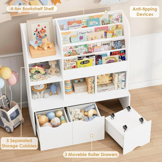47'' Kids Bookcase and Bookshelf, Multifunctional Bookcase with 5 Storage Cubbies and 3 Movable Drawers, Toy Storager Display S