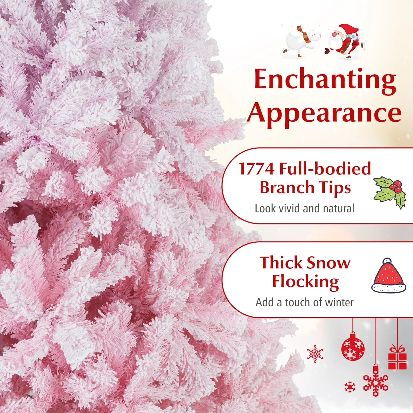 5FT–8FT Pink Flocked Artificial Christmas Tree. Elegant Holiday Décor for Home & Events