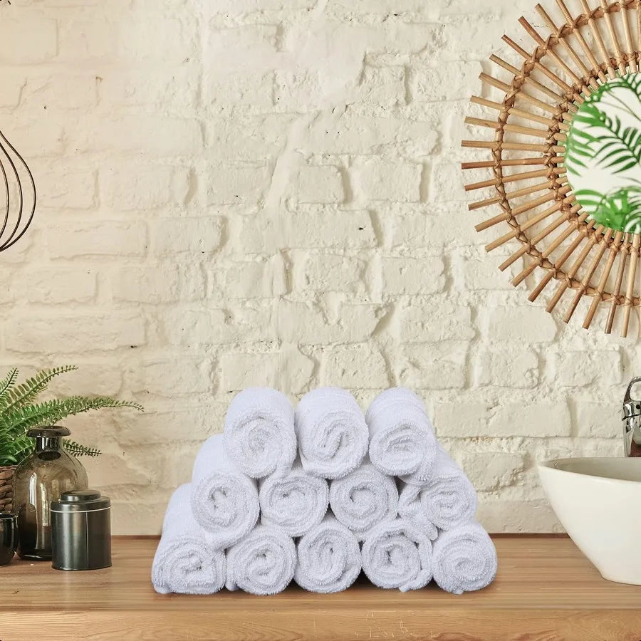 Cotton Washcloths Set 12 x 12 inches 12 Pack White Highly Absorbent and Soft Feel Washcloths for Bathroom Spa Gym and Face Towe