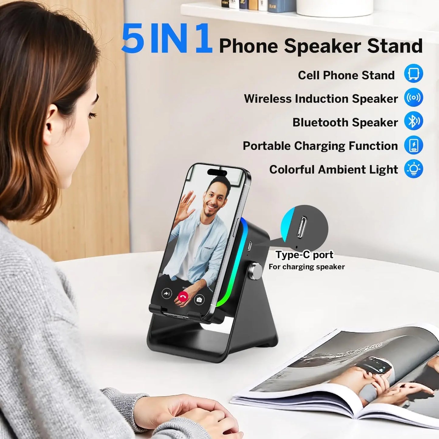 5-in-1 Wireless Charging Speaker Phone Stand with RGB Light and Bluetooth Audio