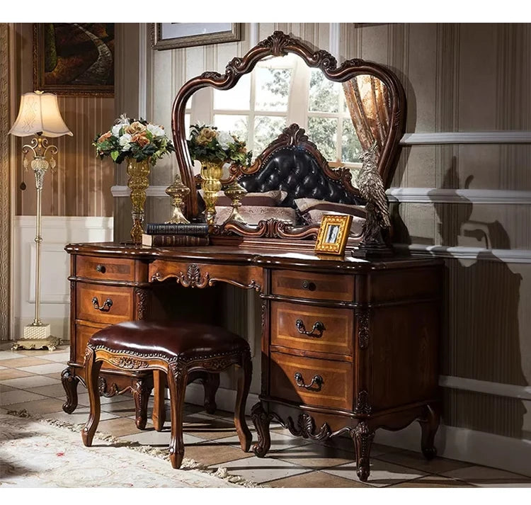 Nordic Hollywood Chair Vanity Wood Storage Mirror Organizer Luxury Dressers Bedroom Makeup Seating Penteadeira Furniture Home