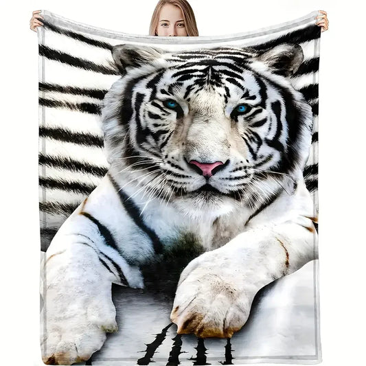 White tiger print flannel blanket, soft and comfortable, suitable for adults at home picnic travel, travel, bedding and sofa