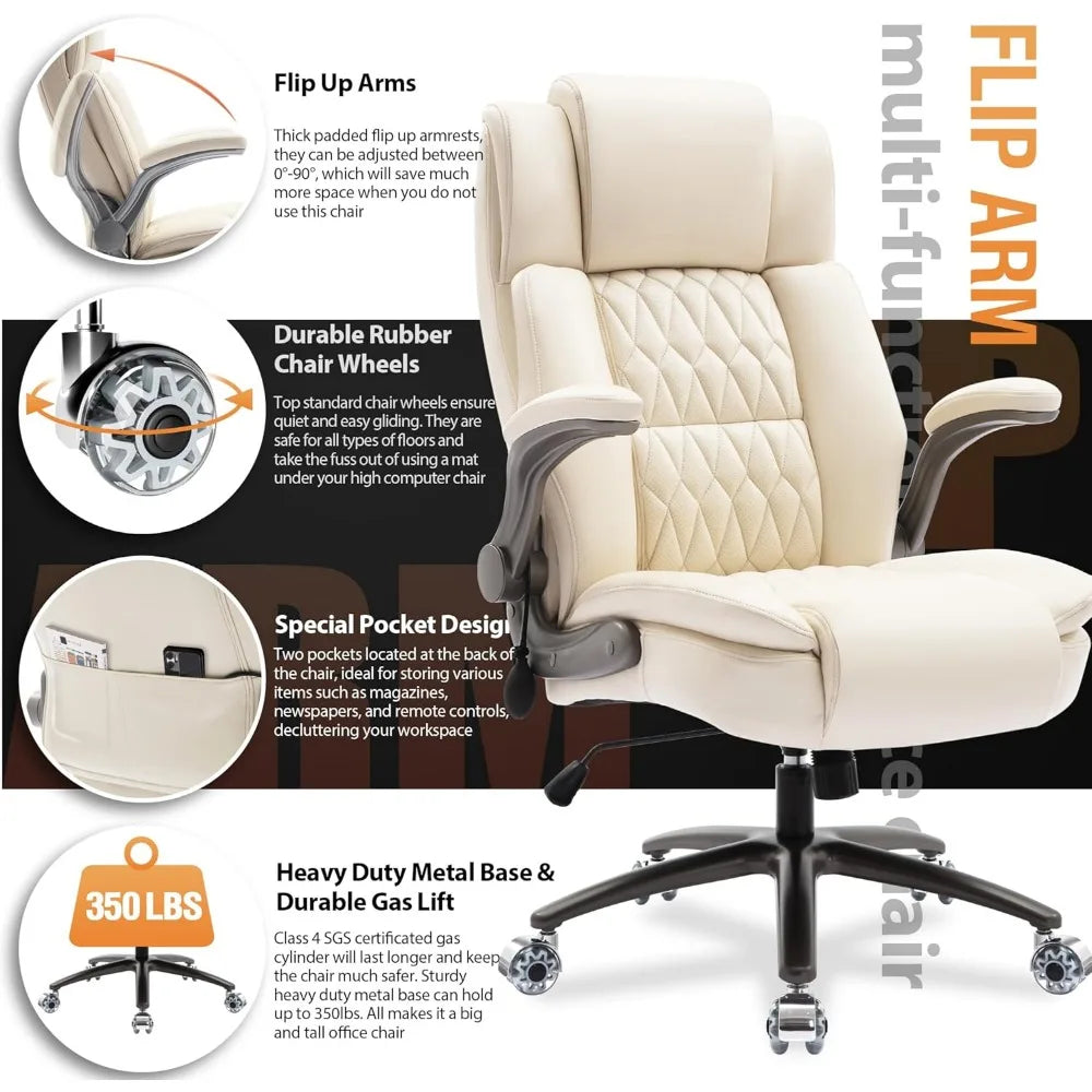 Large High Back Office Chair - Adjustable Lumbar Support Flip Up Arms Heavy Duty Quiet Wheels Metal Base Breathable Bonded Leath