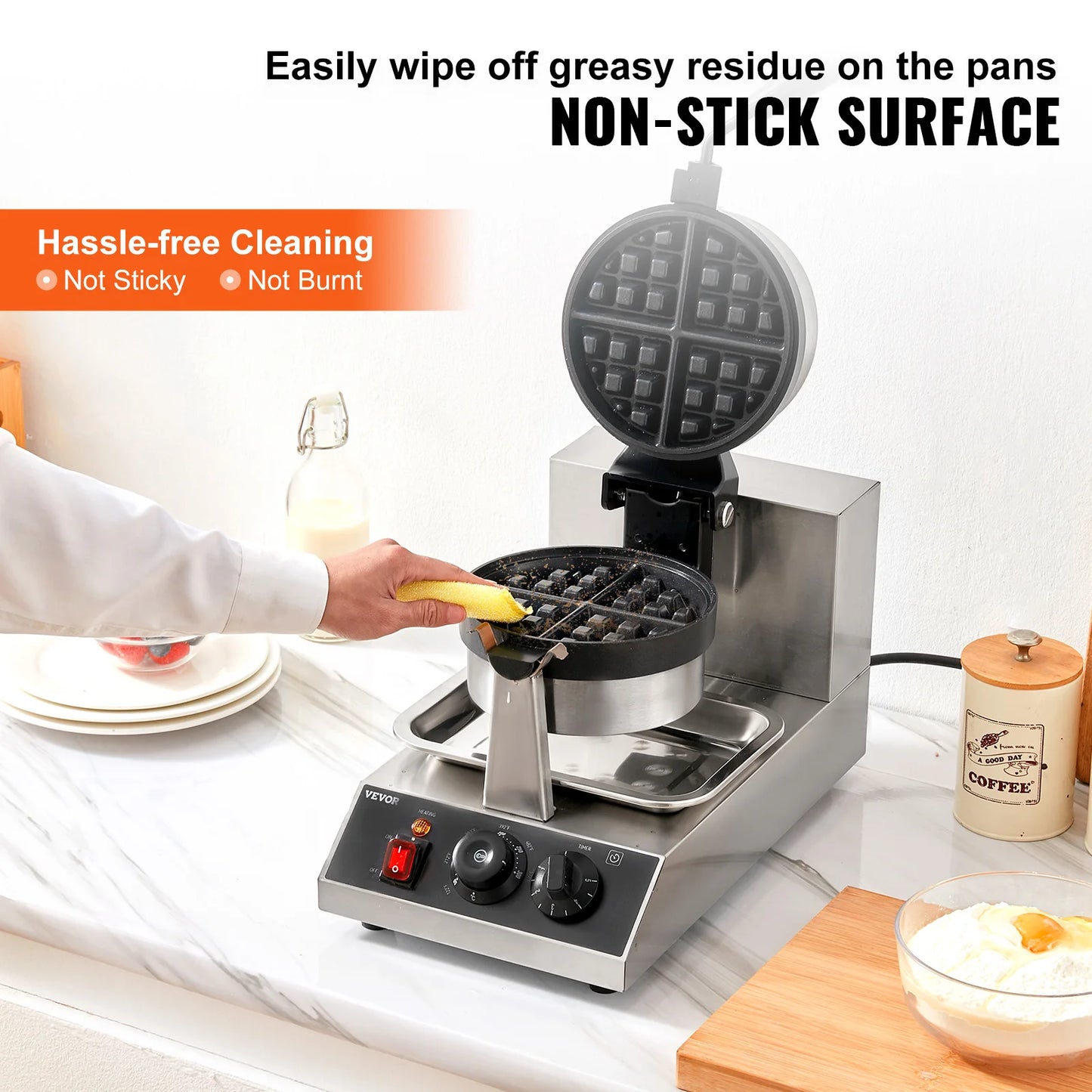 SucceBuy Electric Waffle Maker Stainless Steel Round Waffle Iron Non-Stick Waffle Baker Machine Teflon-Coated Baking Pans