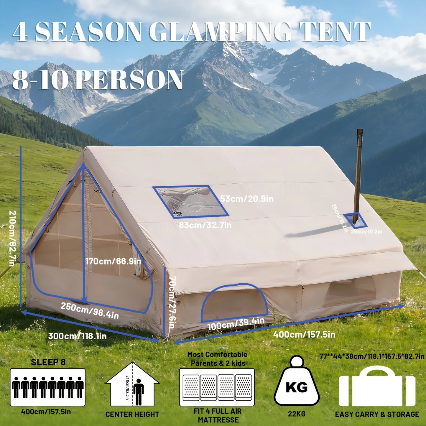 Large Inflatable Camping Tent with Skylight & Breathable Mesh Windows