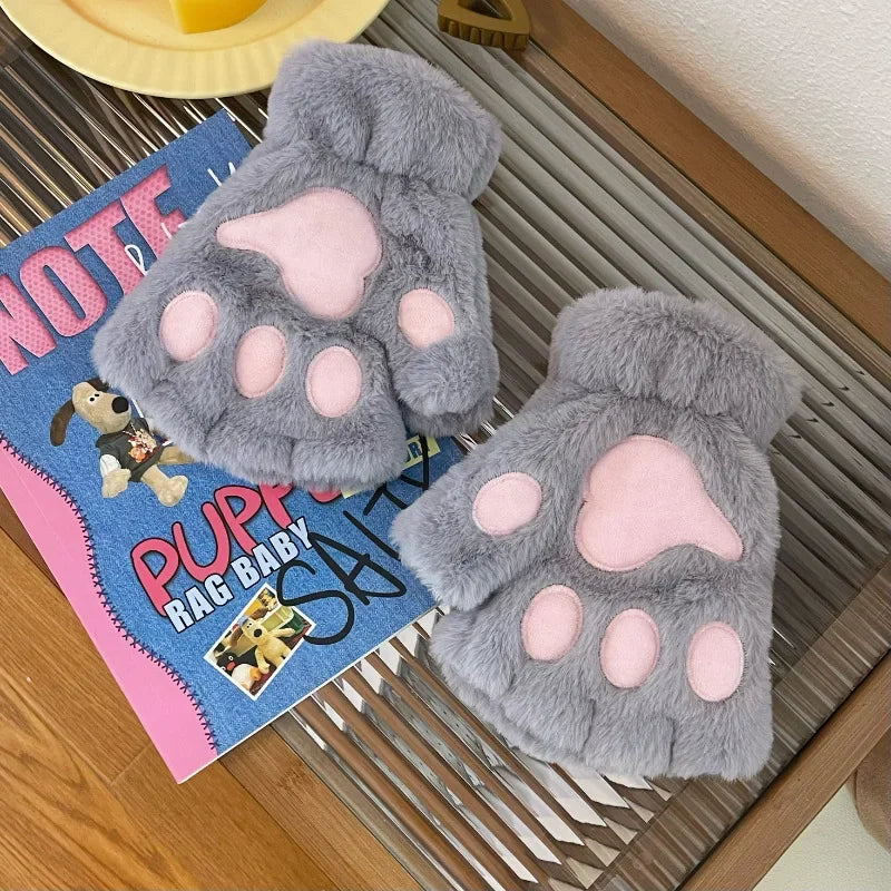 Lovely Plush Cat Claw Paw Gloves Short Fingerless Mittens