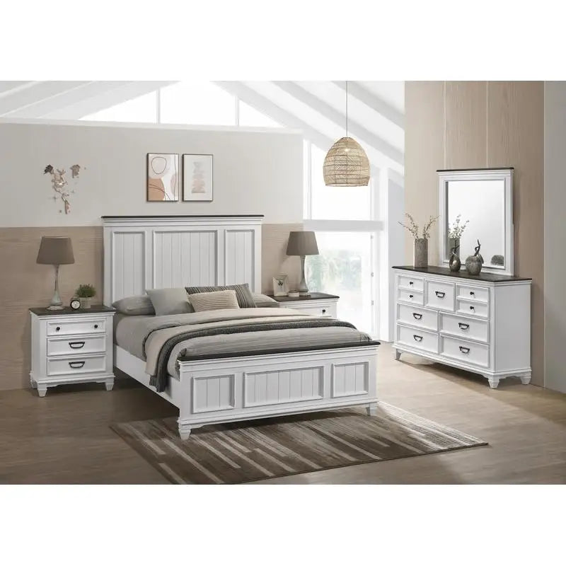 Shiplap Panel Queen Bed Set with Dresser, Mirror, and 2 Nightstands for a Cozy Bedroom