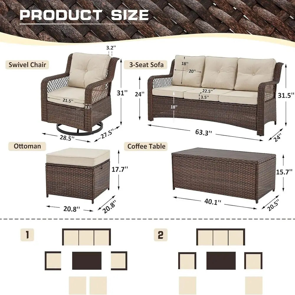 Luxury Wicker Patio Conversation Set . Outdoor Sectional Sofa with 360° Swivel Chairs