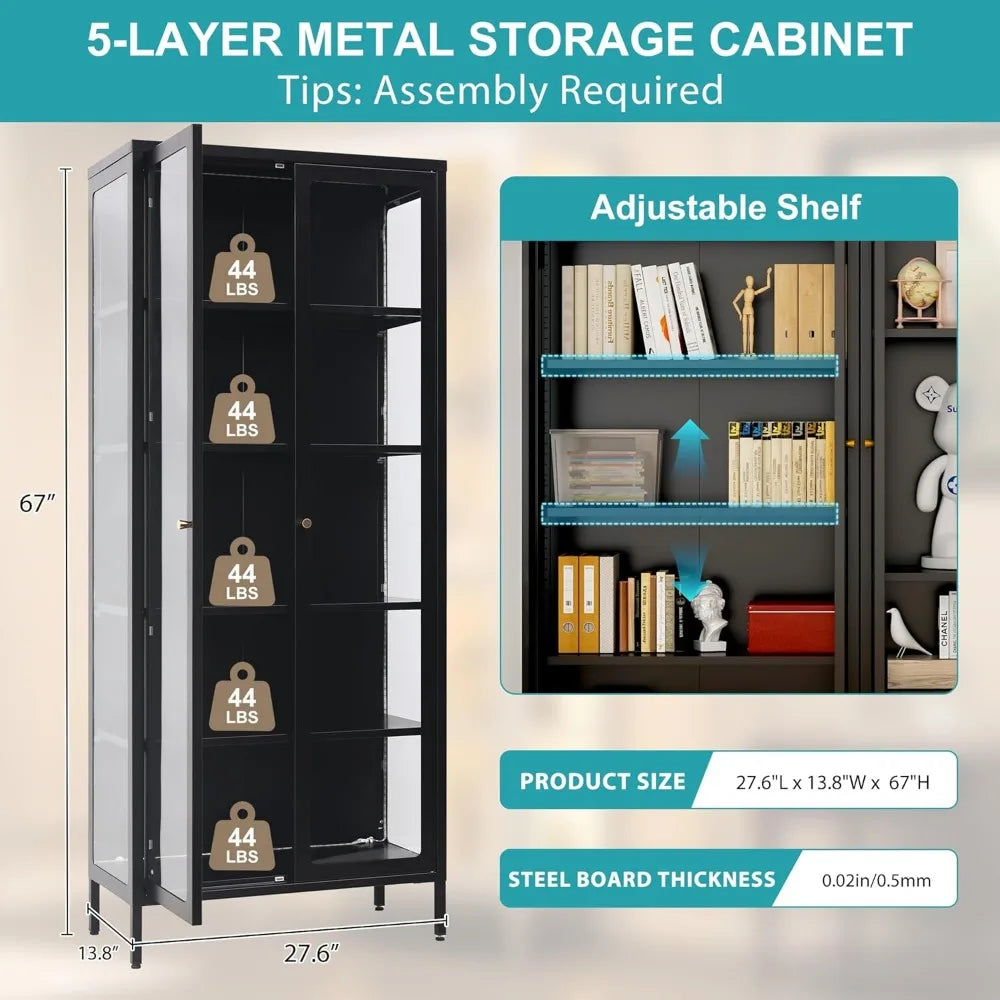 5 Tier Glass Display Cabinet with 12 Color LED Lights, 67" Lighted Curio Cabinet with Glass Doors & Adjustable Shelves,