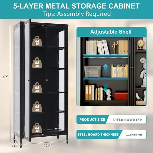 5 Tier Glass Display Cabinet with 12 Color LED Lights, 67" Lighted Curio Cabinet with Glass Doors & Adjustable Shelves,