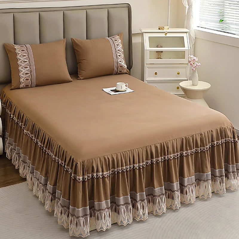 Elegant Solid Color Lace Bed Skirt Set