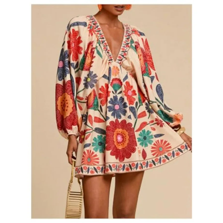 RoseSeek Women's Boho Floral V Neck Mini Dresses Bishop Sleeve Tie Open Back Tropical Dress
