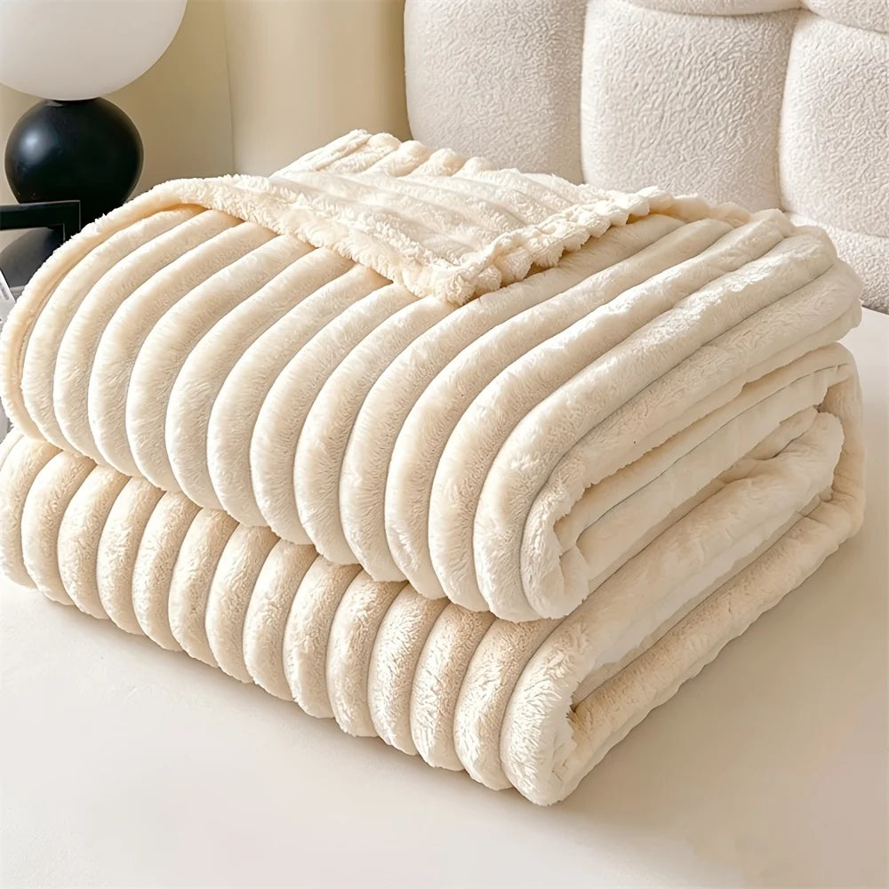 Super Soft Striped Fleece Blanket Cozy Ribbed Flannel Bed Throw Warm Elegant Plush Blanket for Sofa Couch Bedspread Luxurious Comfy Travel Camping Blanket Solid Warm All Season Bedding Blanket Twin Queen King