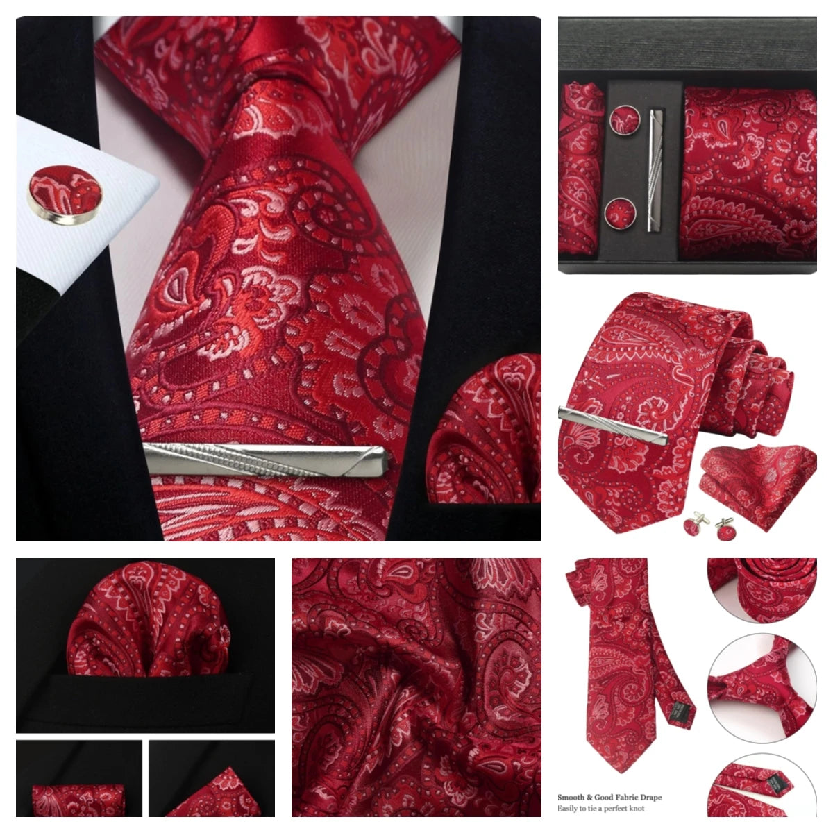 Luxury 100% Silk Paisley Floral Men’s Necktie Set | Business Tie with Matching Pocket Square & Formal Accessories