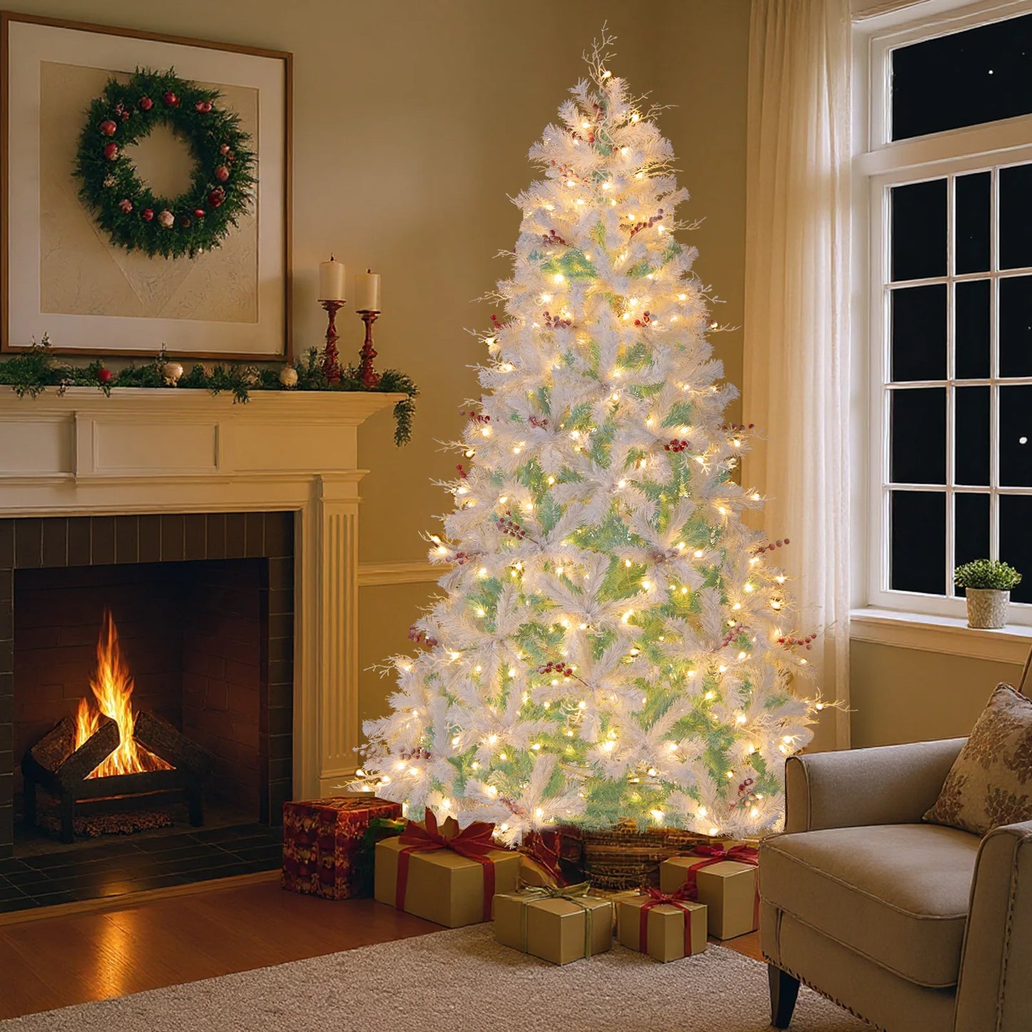 6FT–7FT Pre-Lit Snow Flocked Artificial Christmas Tree . Premium Holiday Tree with Warm White Lights  Description: