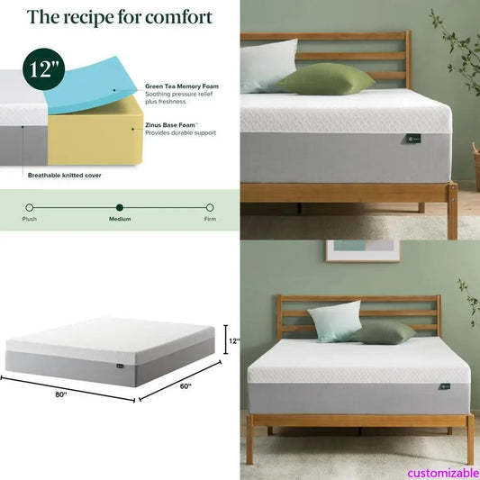"12 inch queen size green tea infused memory foam mattress - medium firmness, breathable design, fiberglass-free"