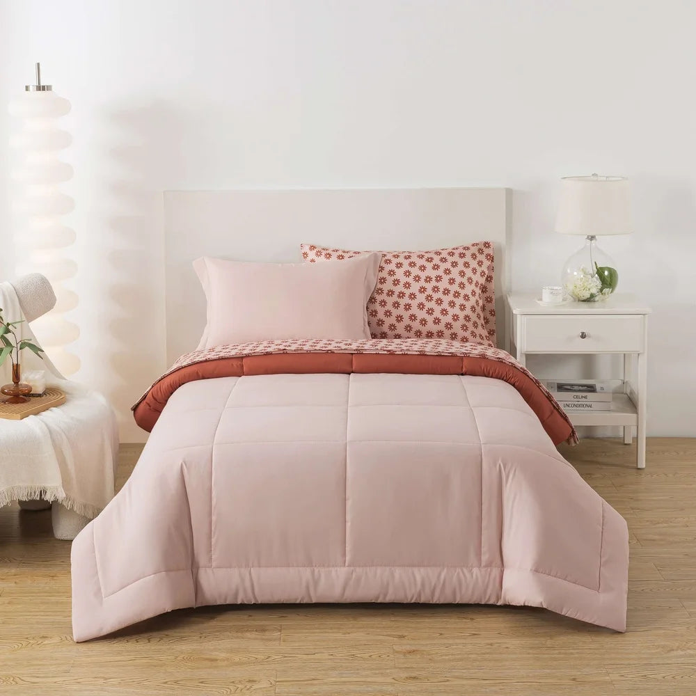 5-Piece Reversible Bed in a Bag Comforter Set with Sheets Soft Pink Red Canyon Twin XL Cozy Bedding All Ages
