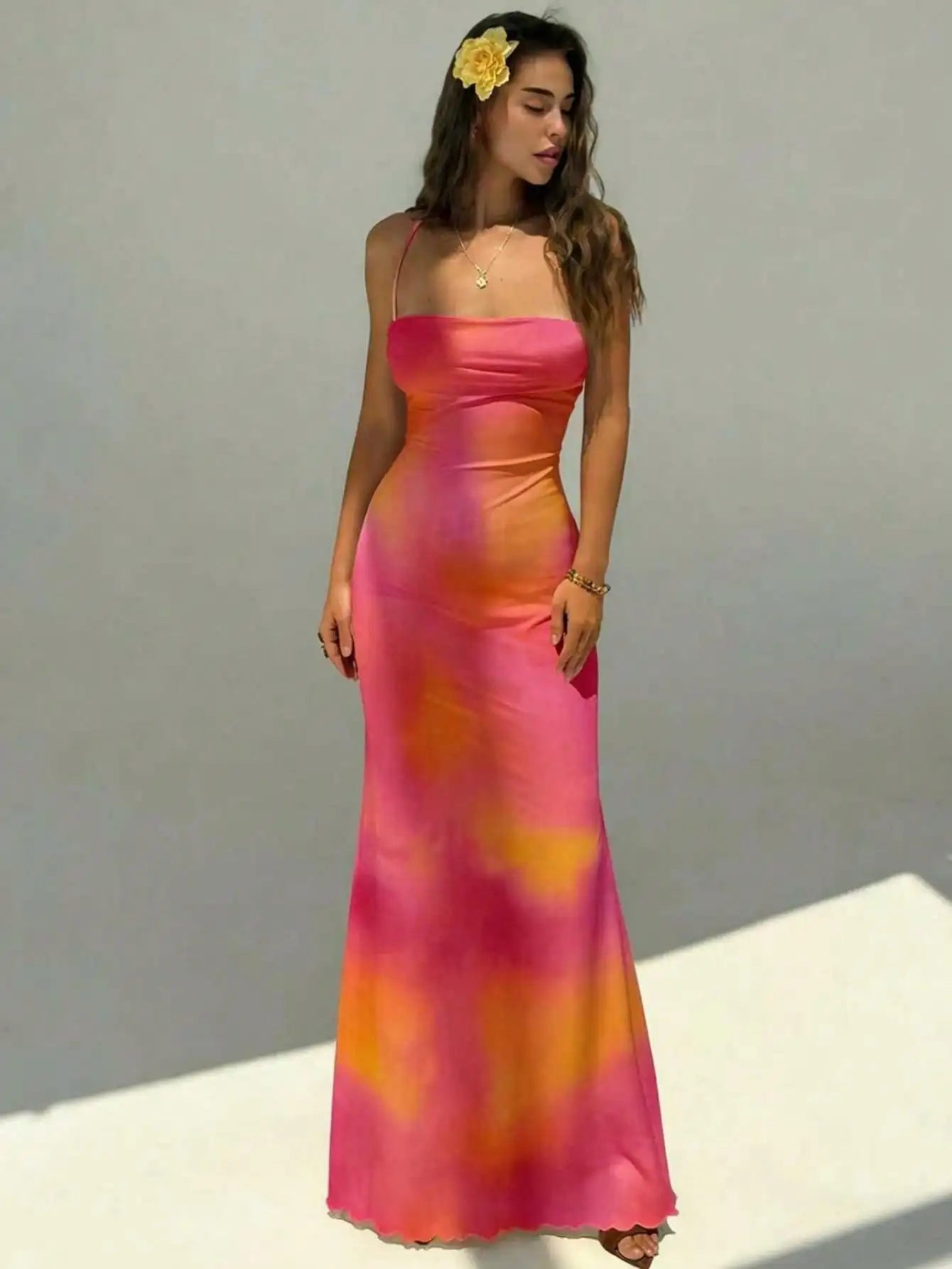Elegant Pink Orchid Floral Print Backless Tie Strap Maxi Dress For Summer Vacation Beach Festival