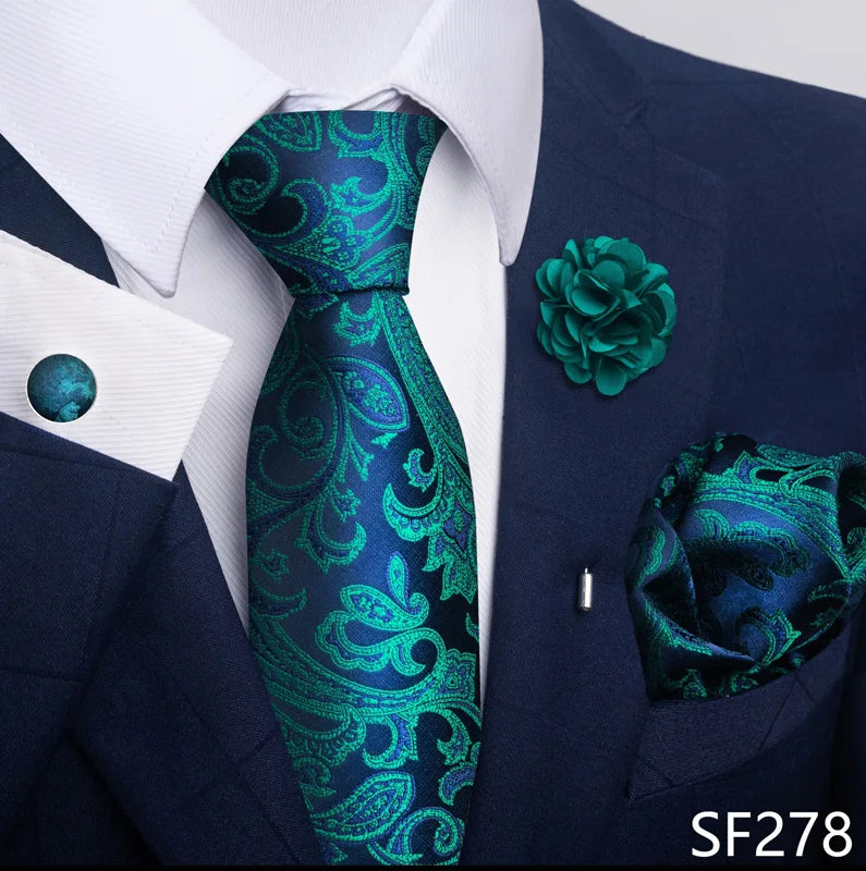 Luxury Green Floral Men’s Necktie Set .Tie, Pocket Square & Cufflinks
