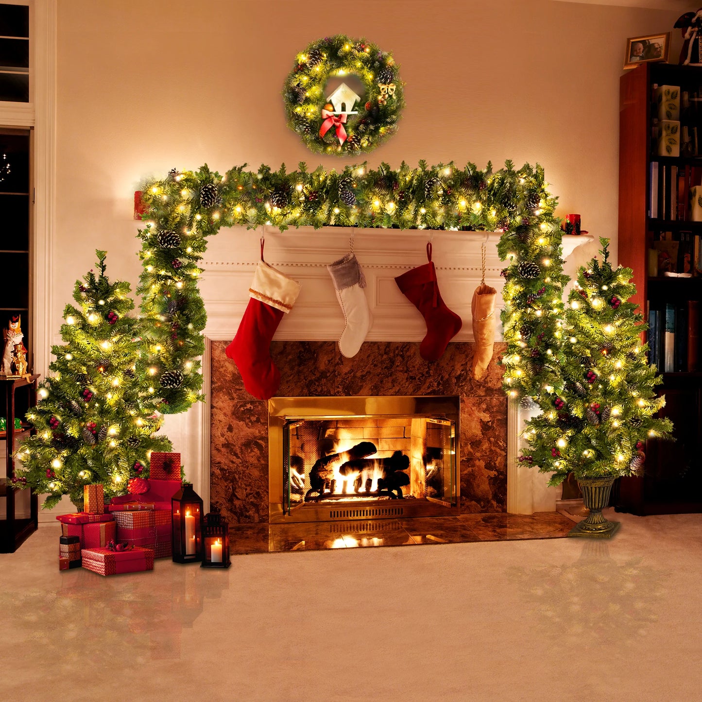 Pre-lit Xmas Tree Artificial Christmas 4-Piece Set,Garland, Wreath and Set of 2 Entrance Trees X-mas with LED Lights, Christmas