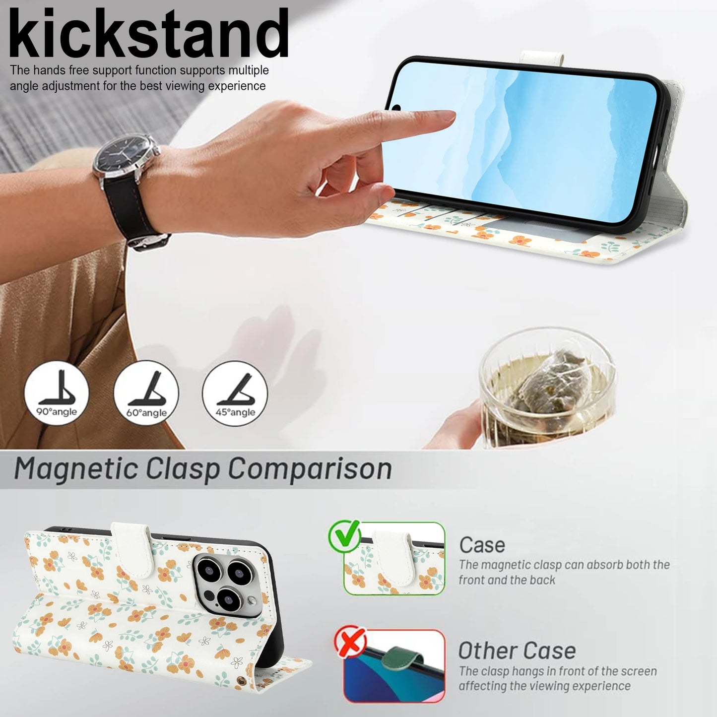 Luxury Floral Leather Wallet Case for iPhone Magnetic Shockproof Card Holder Phone Case
