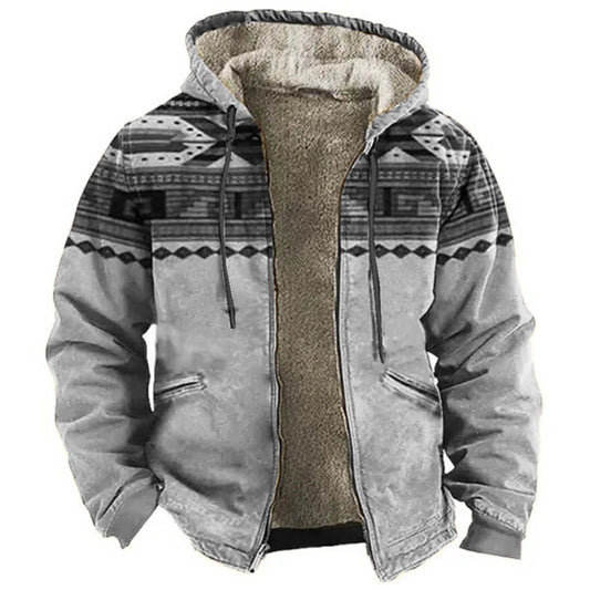 Men’s Sherpa Hooded Aztec Jacket. Warm Western Style Outdoor Coat