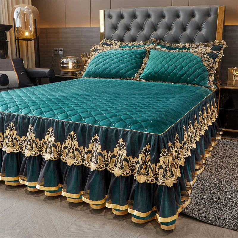 AIWINSURE-European Lace Velvet Bedspread Set, King Size, Queen Thickened Bed Cover, Soft Bed Skirt, Luxury, with 2 Pillowcases